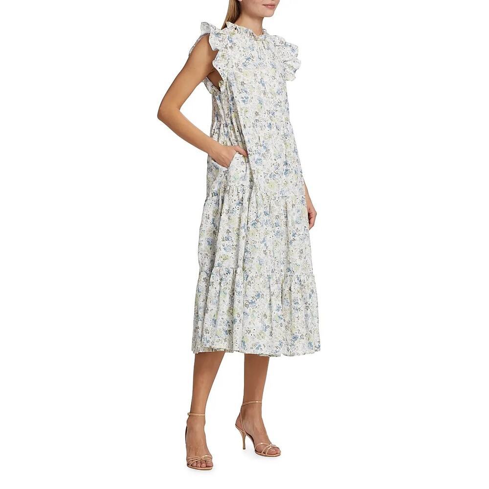 En Saison Eliza Floral Tiered Midi Dress Ruffle Sleeve Tiered Cotton Size Small